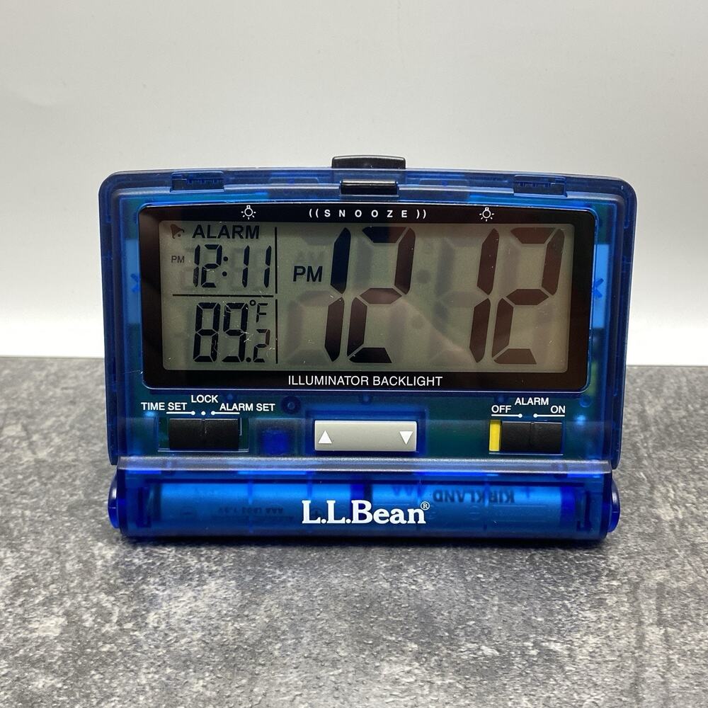 Vintage L.L. Bean Translucent Blue Case Folding Travel Alarm Clock + Temperature
